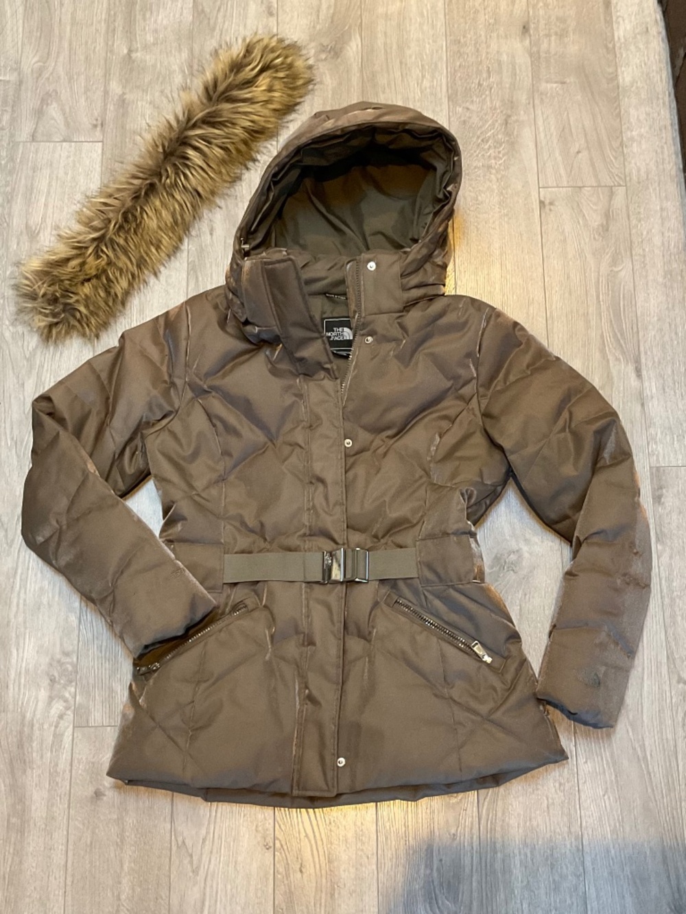 The North Face womens jacket size L with a removable faux-fur hood goose down in